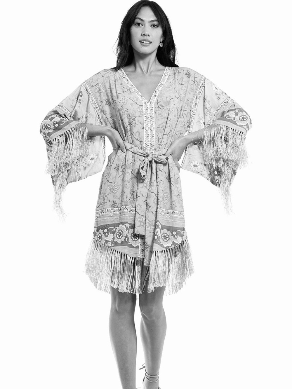SPELL Road Tassel kimono dress blue cream with removable belt